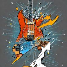 Shitty AI generated image using the prompt "an electric guitar is smashed by a computer comic styling"
